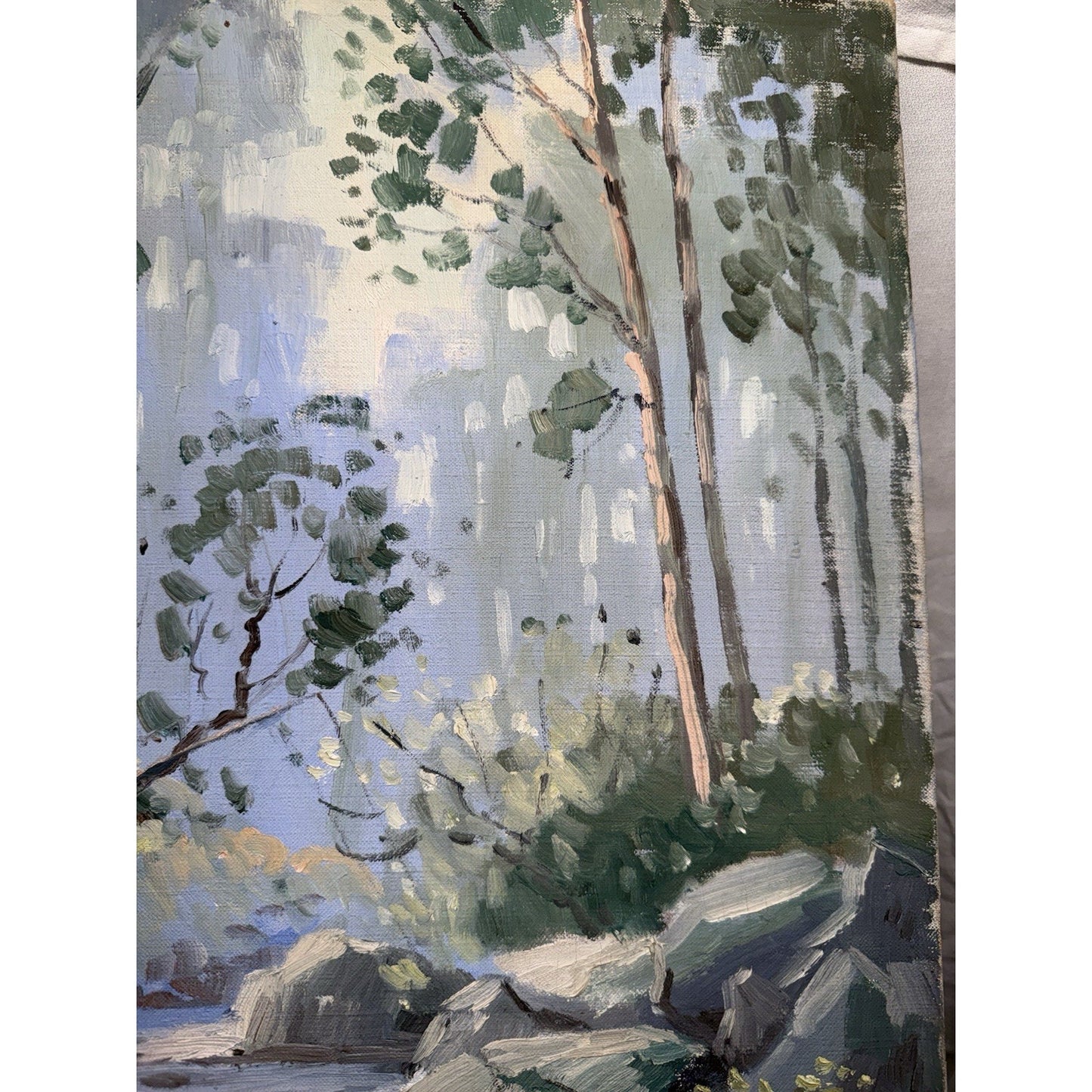 Charles Gordon Harris Painting Man Fishing New England River 30” X 25” Vintage