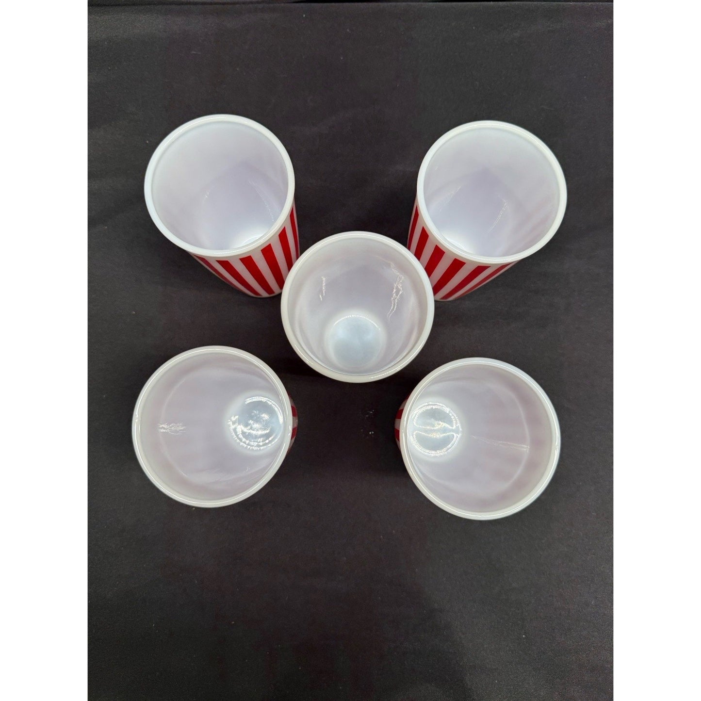 Vintage Hazel Atlas Platonite Milk Glass Tumblers Red White Candy Stripe Set 5