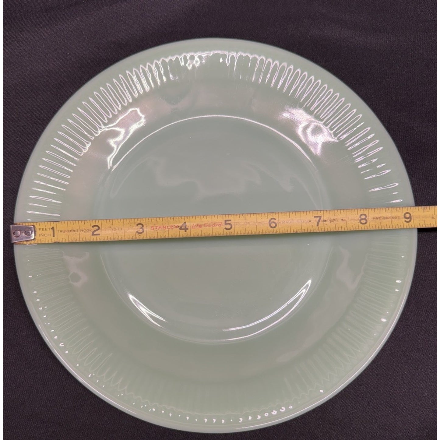 Set of 3 Fire-King Jane Ray lined rim Jadeite Dinner Plates vintage 9 inch green