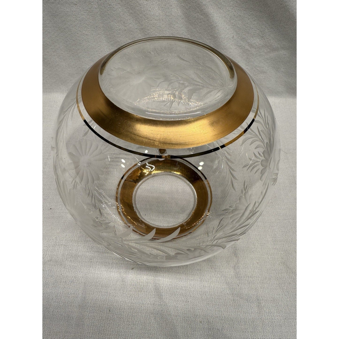 Rare Mid Century Clear Glass Round Vase Etched Flowers Gold Rim On Top & Bottom