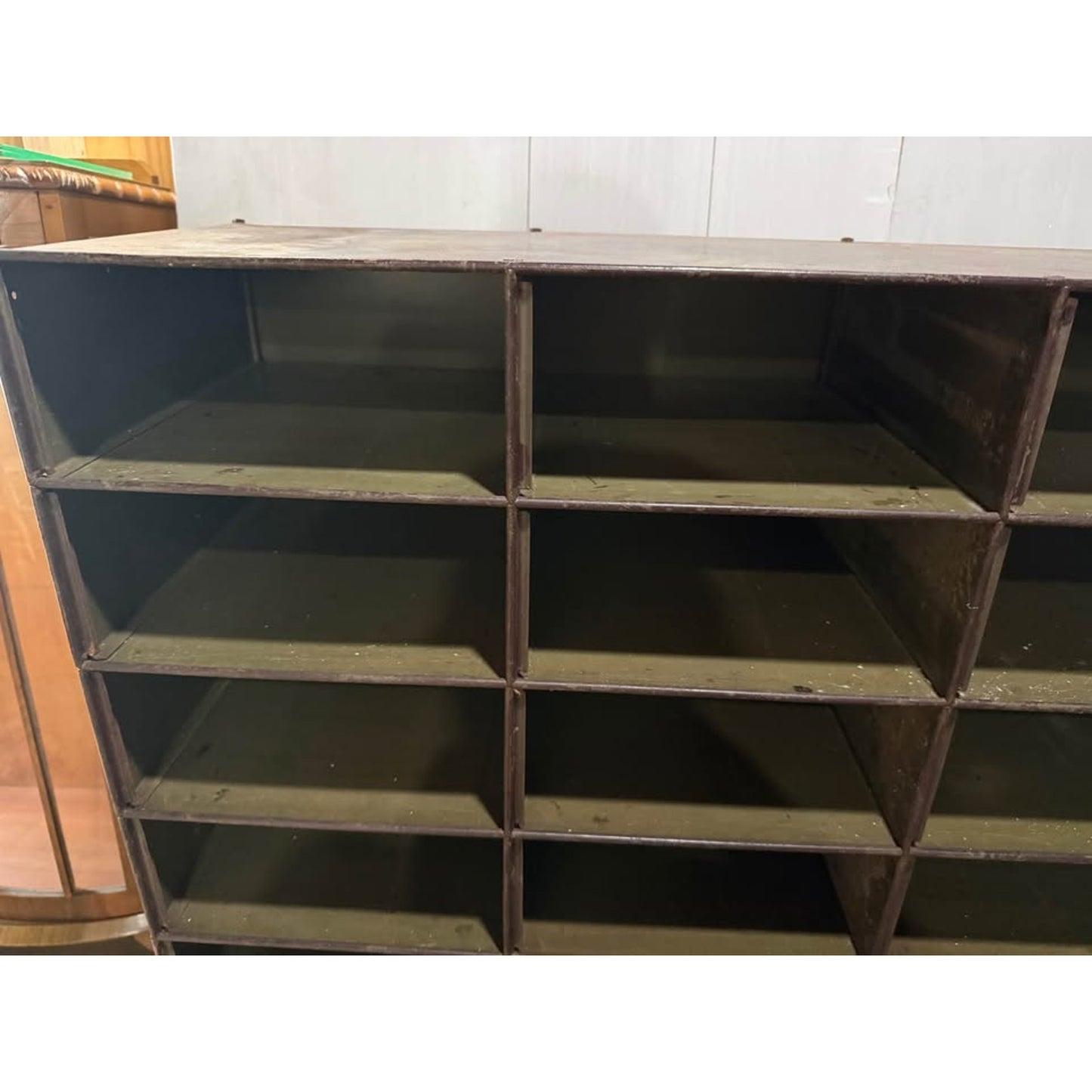 Vintage 1940’s metal Industrial mail organizer/ pigeon hole storage cabinet 45 slots