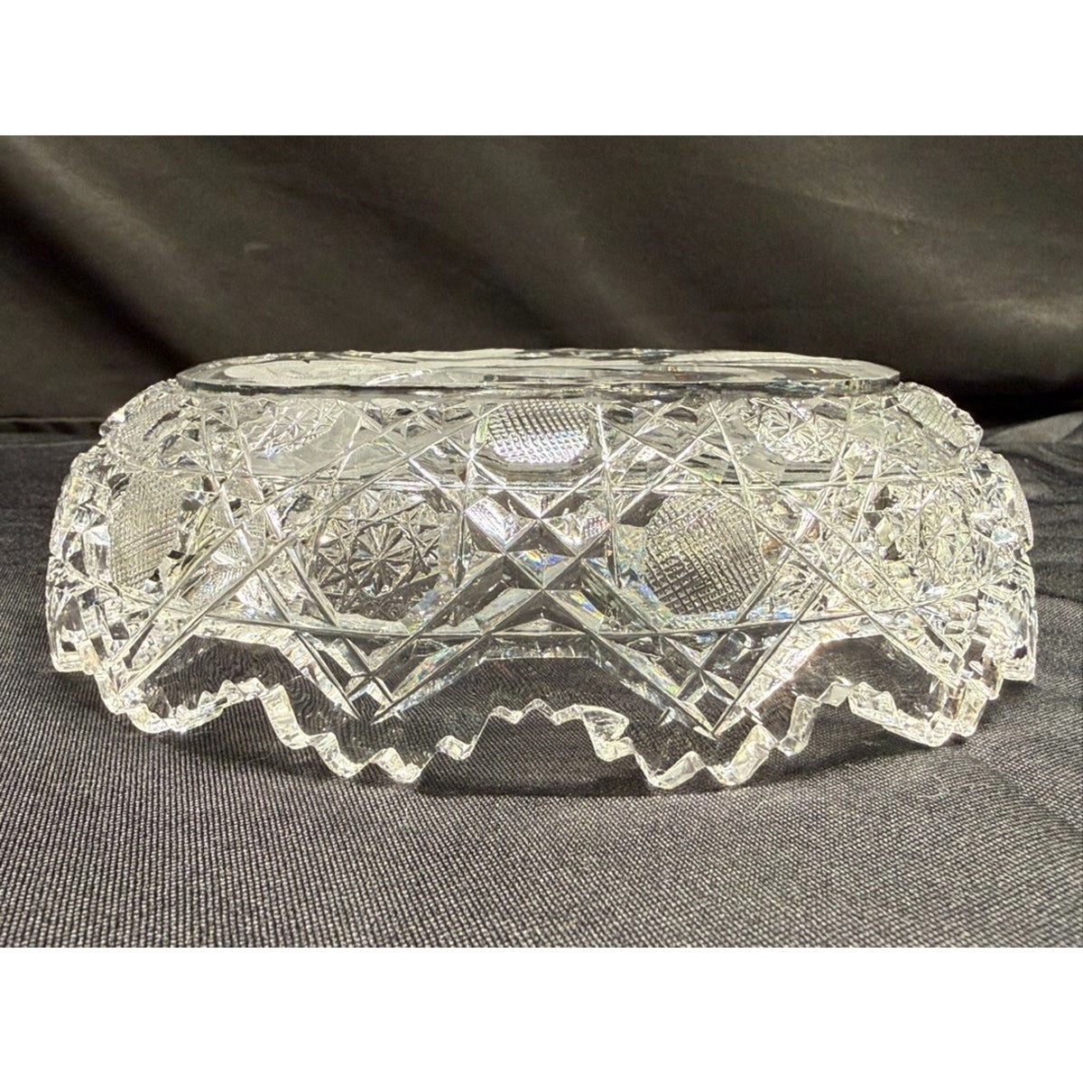 American Brilliant Crystal Cut Glass Round Centerpiece Bowl Etched Flowers 8"