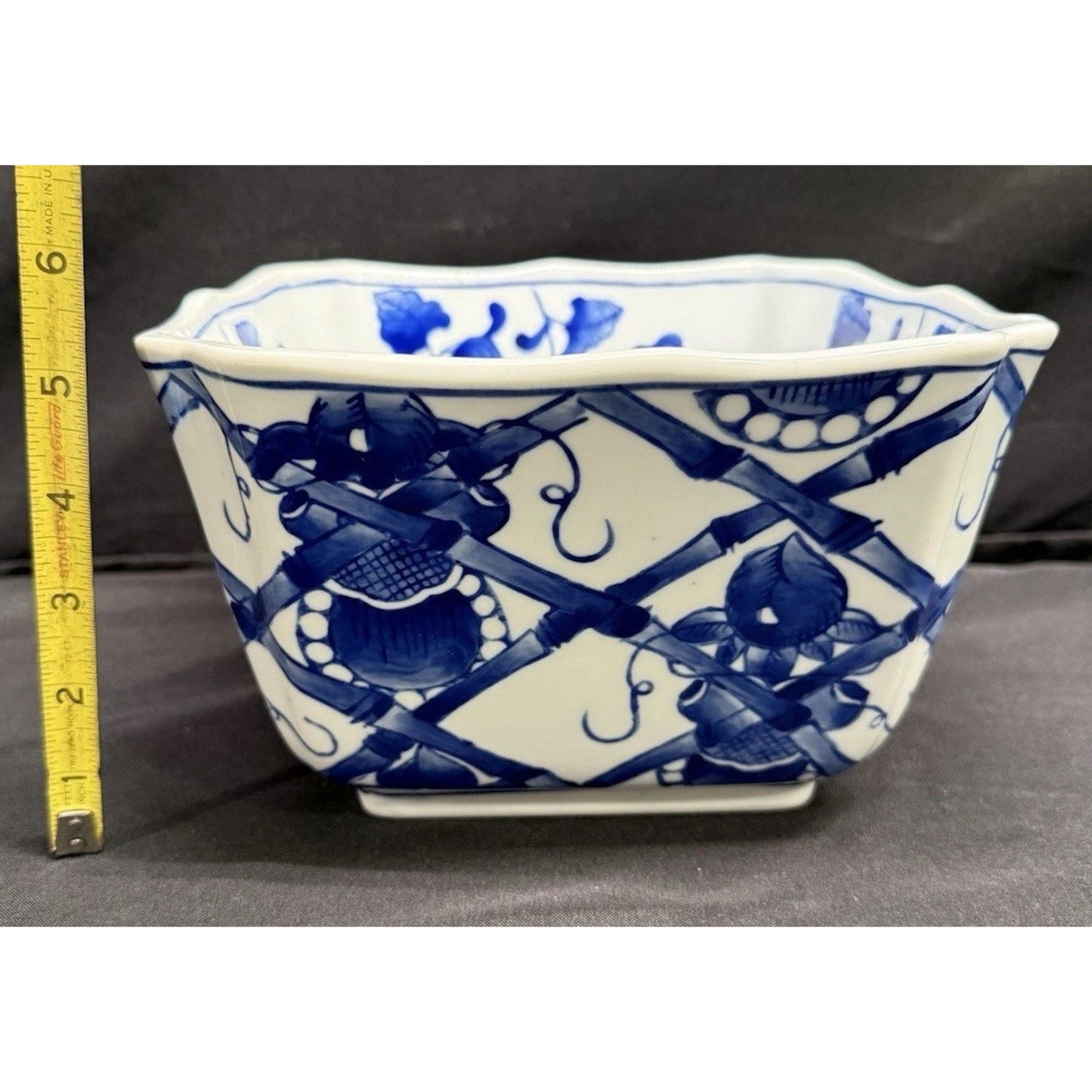 Rare vintage Chinese bamboo floral blue white Porcelain square serving bowl 8.5”