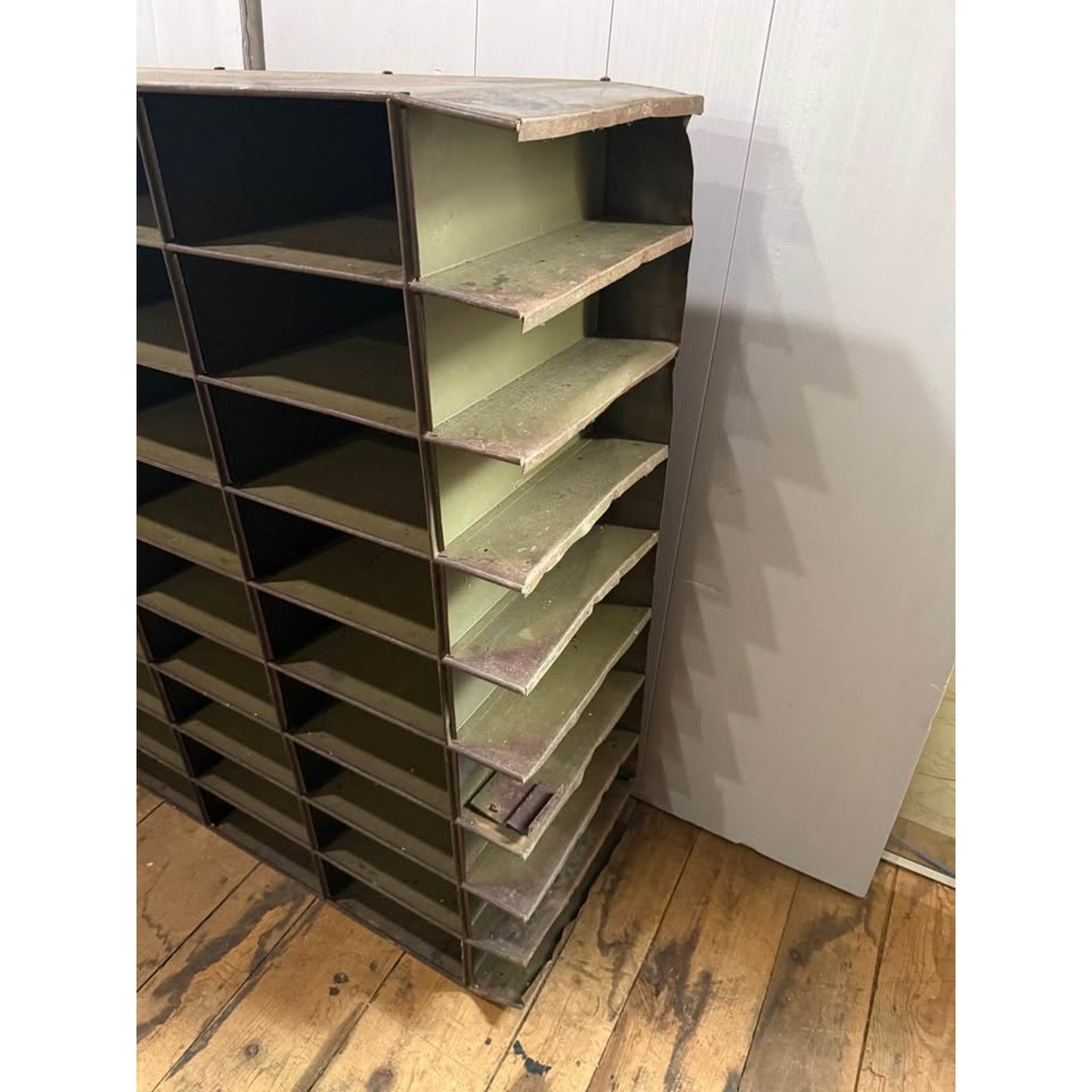 Vintage 1940’s metal Industrial mail organizer/ pigeon hole storage cabinet 45 slots