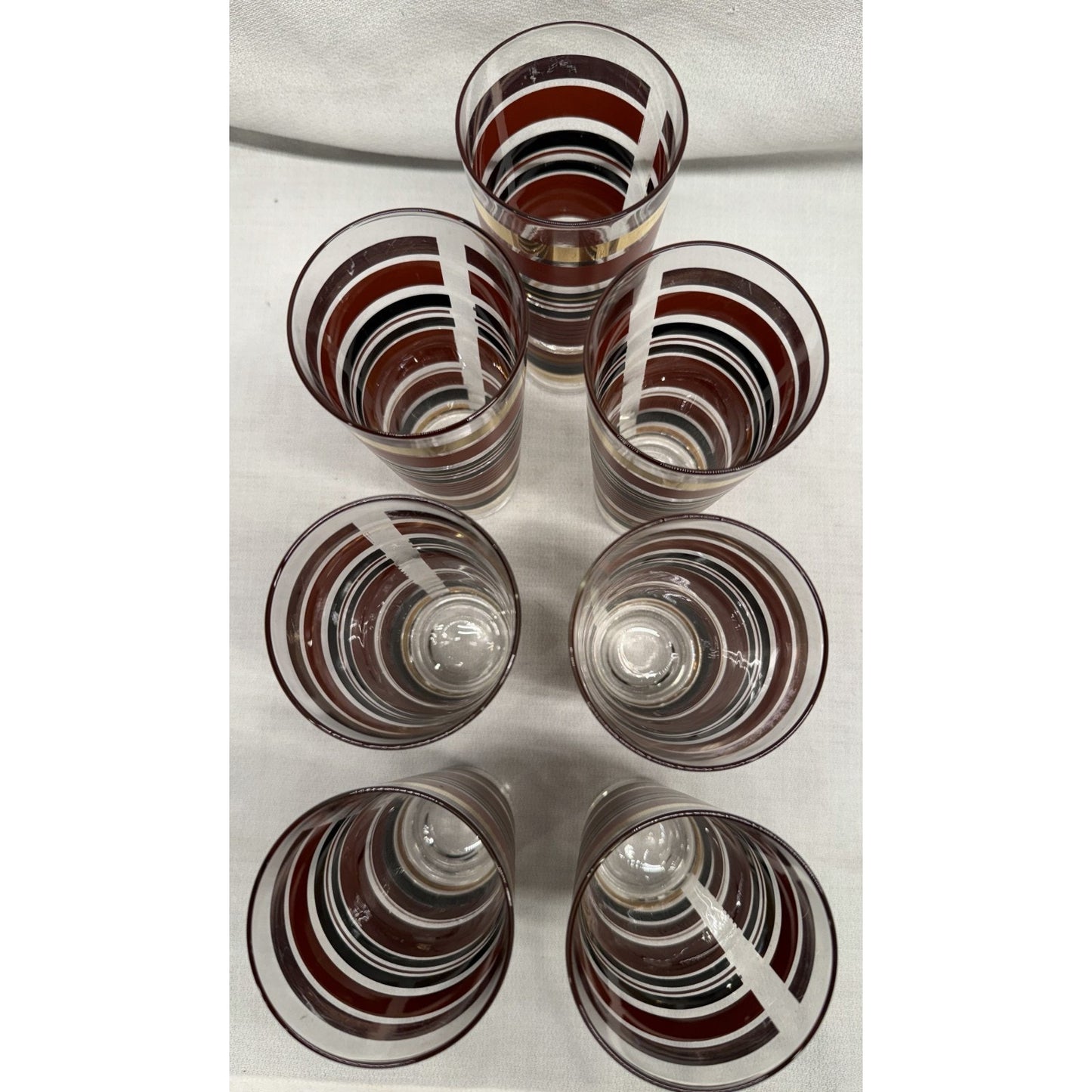 (7) Rare mid century modern high ball striped glasses red gold black 7" tumbler