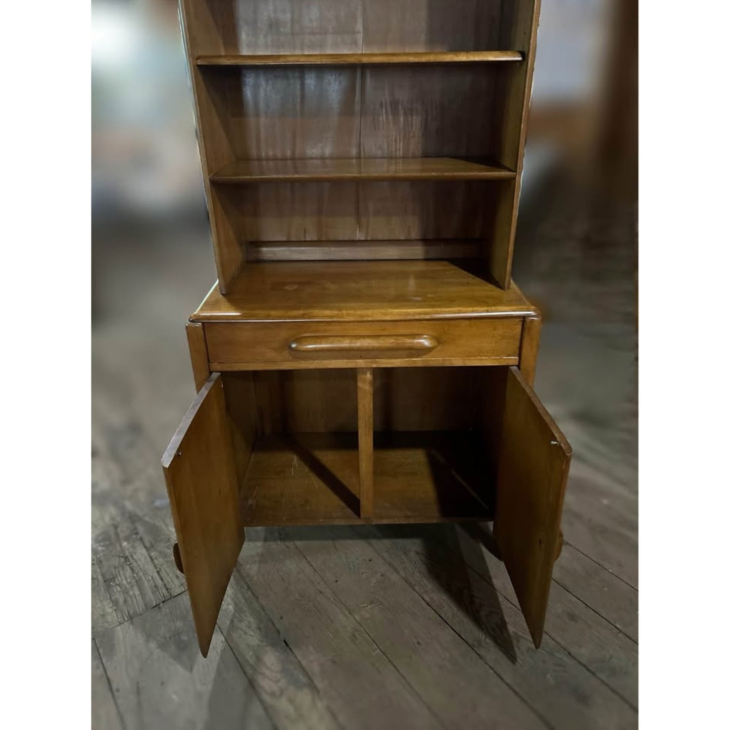 Mid century solid wood hutch with shelves, drawer, and cabinet. Top shelves removable