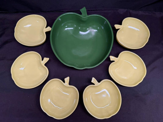 Vintage Hazel Atlas Apple Shaped Salad Serving Bowl Set 7 Piece Set 1950’s Green