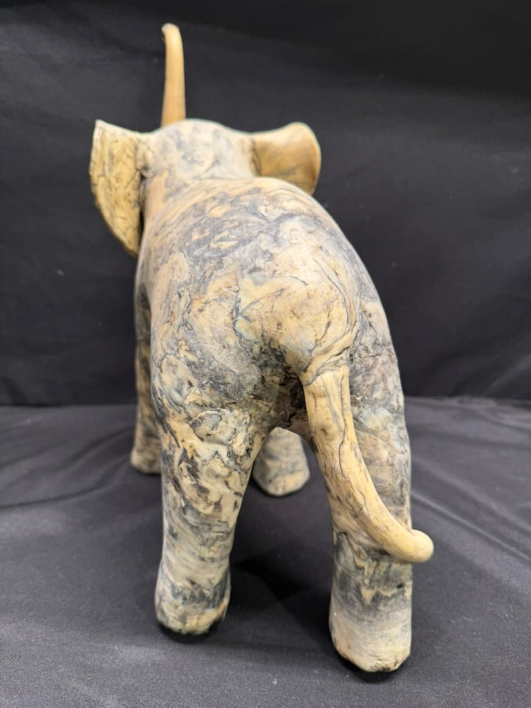 Large Vintage Carved Elephant made from Crushed Oyster Shells with trunk up 15” tall