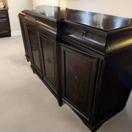 A.R.T Discontinued brindle buffet with Greek style hardware & inner wine slats