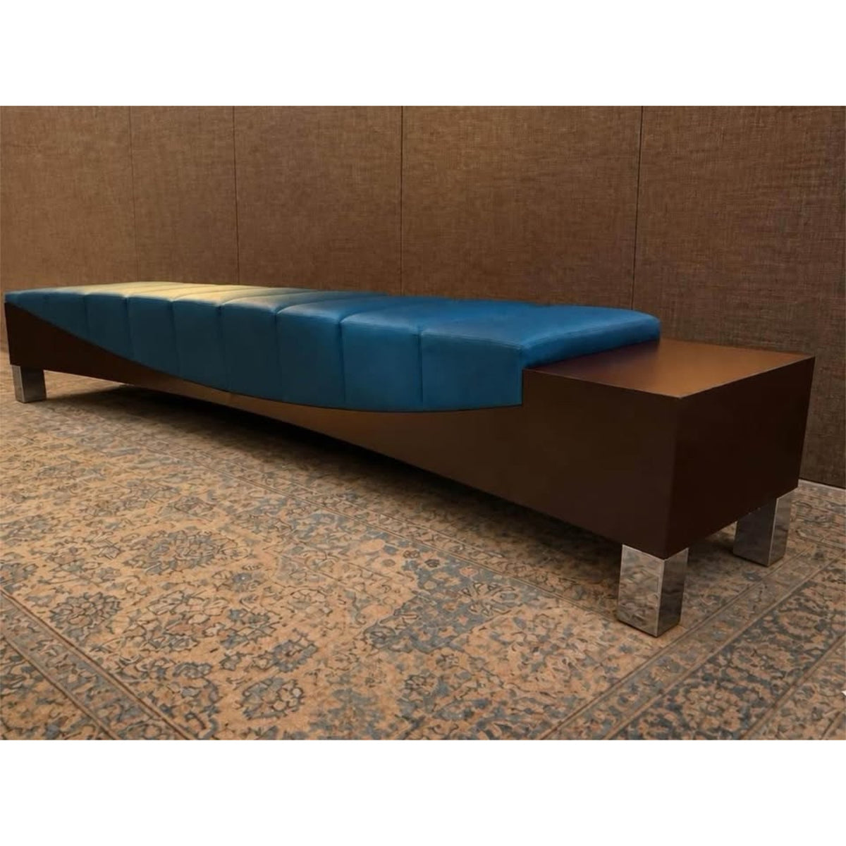 Long curved teal & dark wood hotel style bench 10 ft long