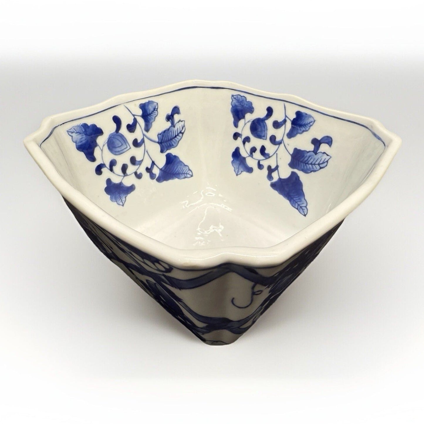 Rare vintage Chinese bamboo floral blue white Porcelain square serving bowl 8.5”