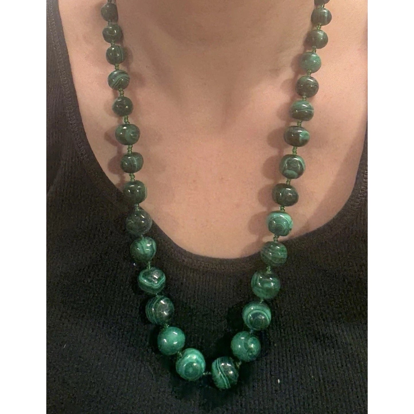 Vintage Chinese Malachite natural carved green gemstone beaded necklace 12”
