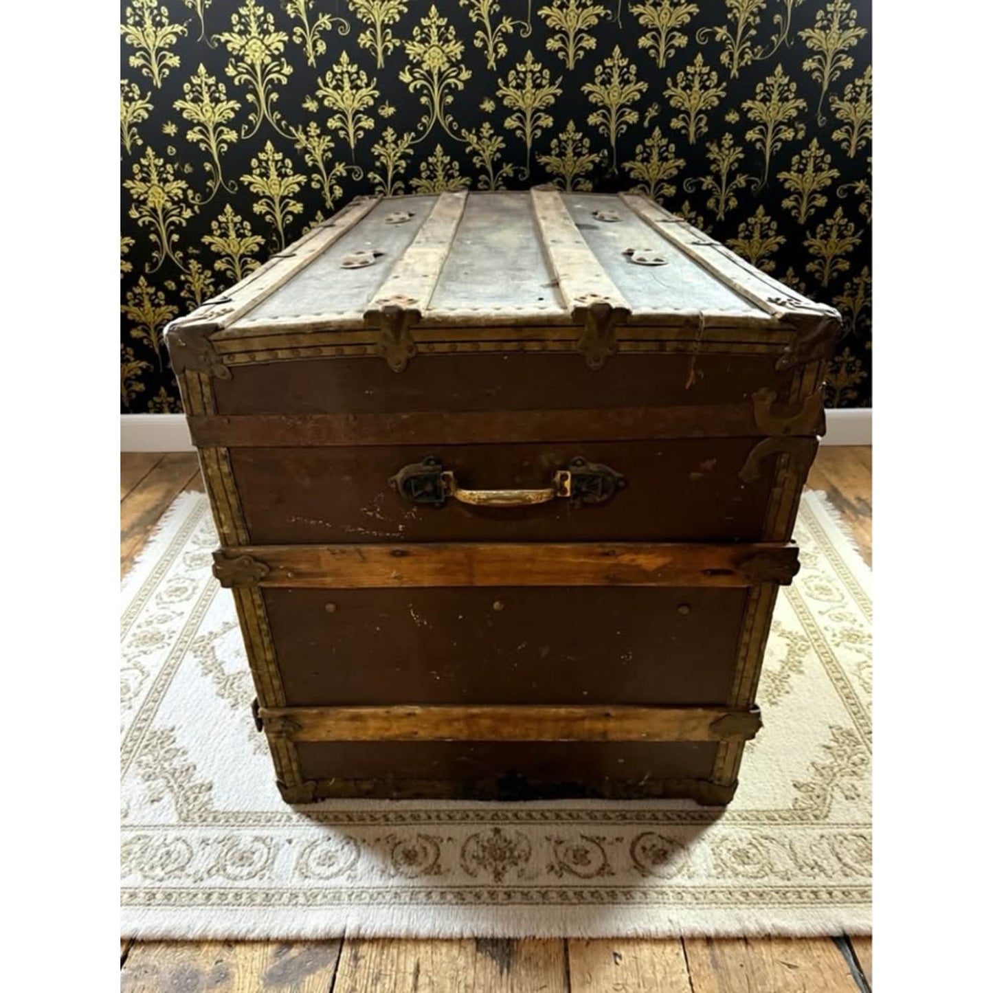 Large Antique wooden flat top steamer trunk