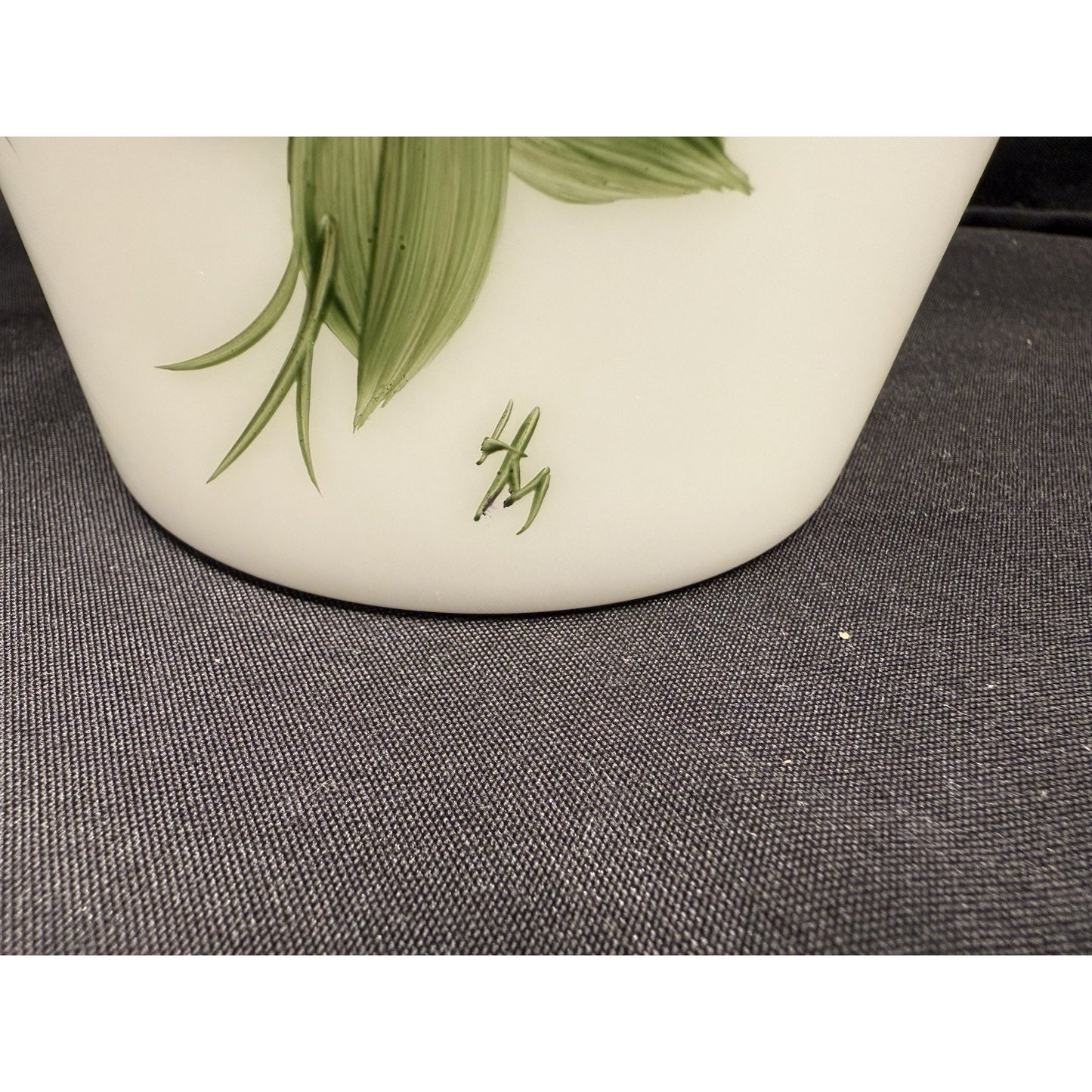 White vintage Opaline Glass Handpainted Vase with green ivy grape leaves 10.25”
