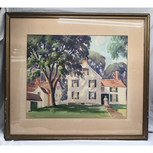 Charles Gordon Harris Watercolor Colonial House Scene Vintage Landscape 34" x 30