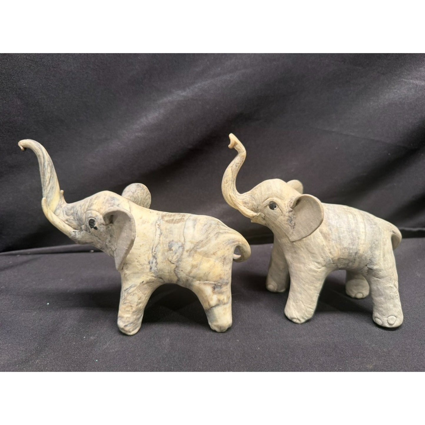 Pair Carved Elephants made from Crushed Oyster Shells trunk up Vintage 5.5" tall