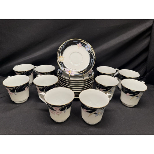 Mikasa Charisma Black Fine China Set Of 12 Saucers 10 Tea Cups Floral Vintage