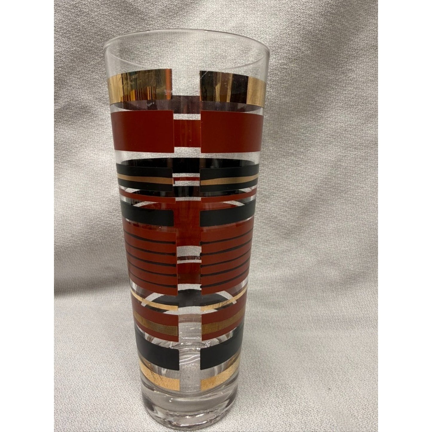 (7) Rare mid century modern high ball striped glasses red gold black 7" tumbler