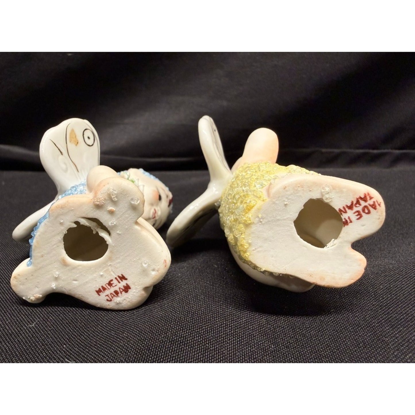 Pair of Vintage Sugar Baby Fairy Pixie Porcelain Figurines 1 blue 1 yellow 2.75"