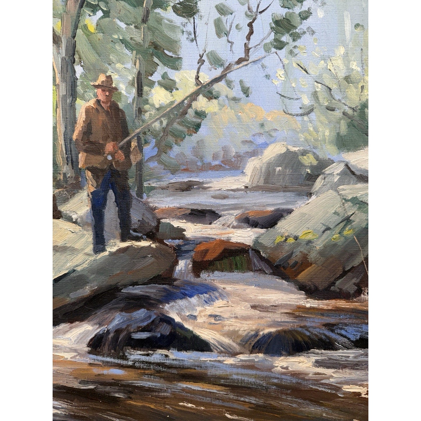 Charles Gordon Harris Painting Man Fishing New England River 30” X 25” Vintage