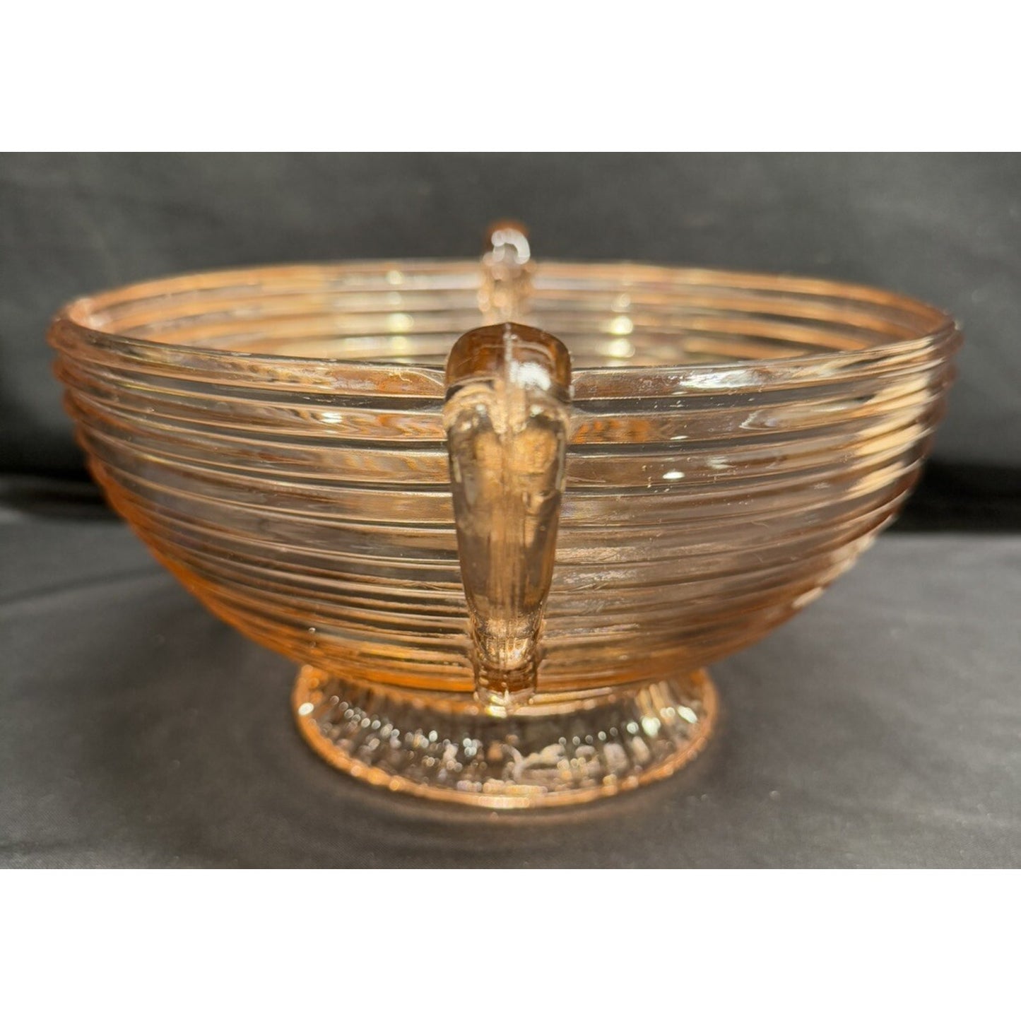 Anchor Hocking 1930s Pink Manhattan Depression glass pedestal bowl with handles