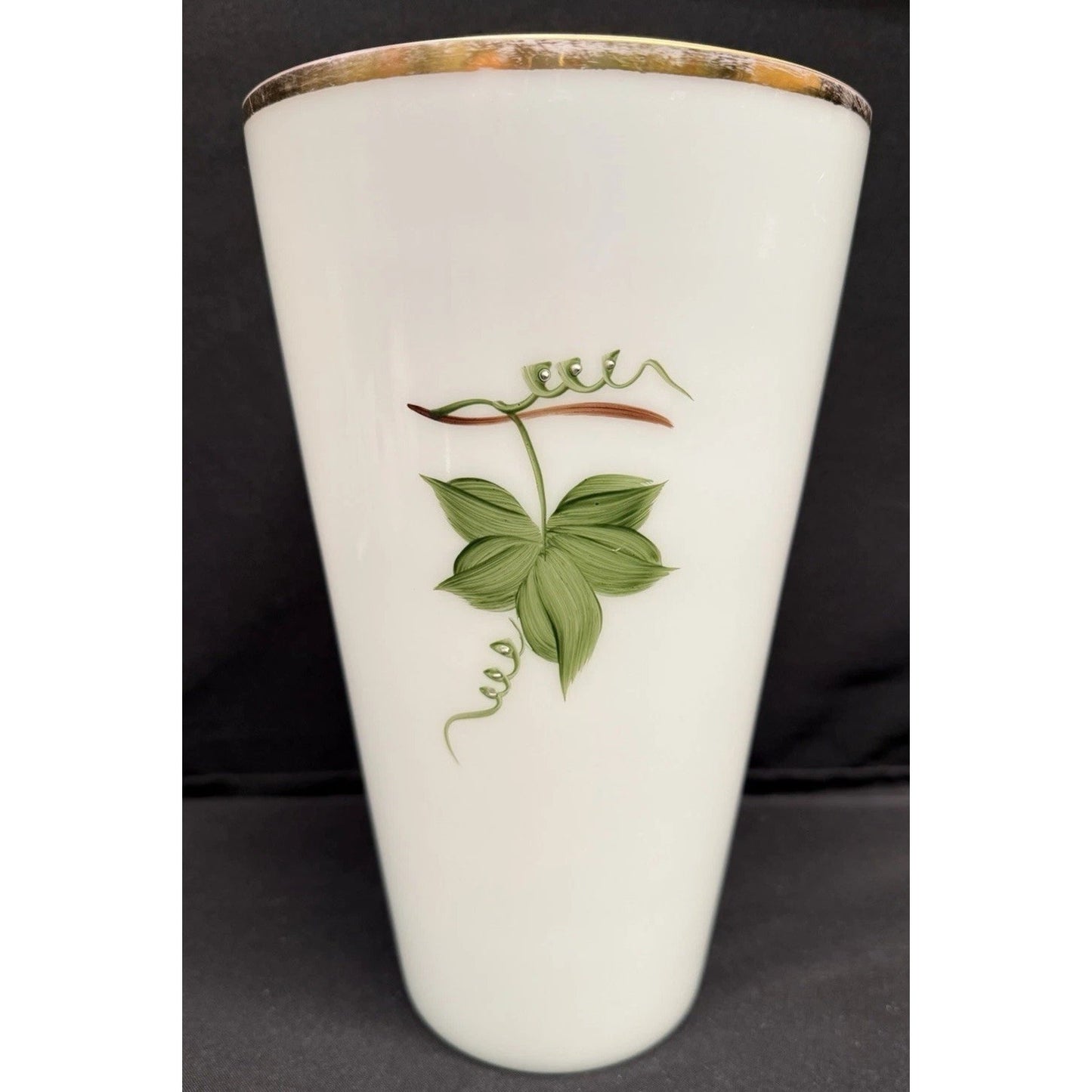 White vintage Opaline Glass Handpainted Vase with green ivy grape leaves 10.25”