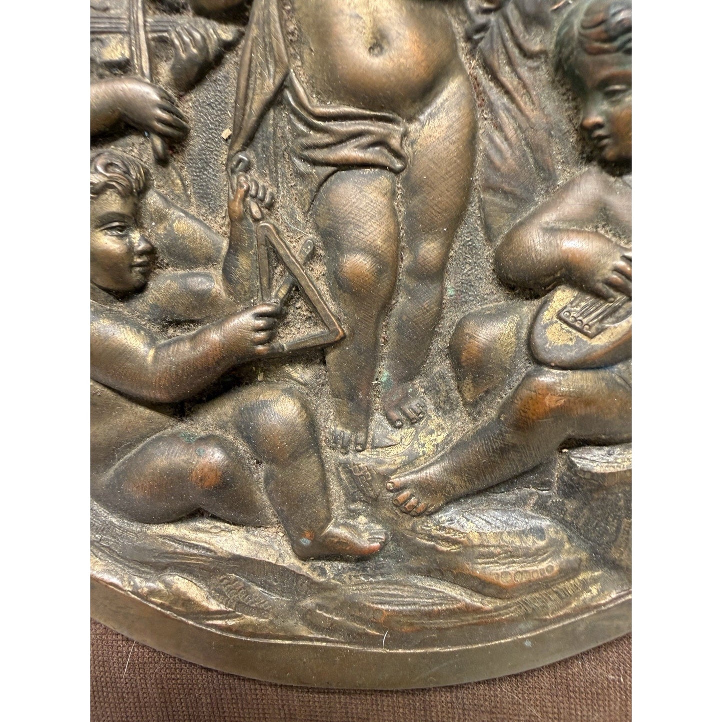 Rare Antique Bronze 5 Cherubs Playing Instruments relief Plaque Wall Hanging 9”