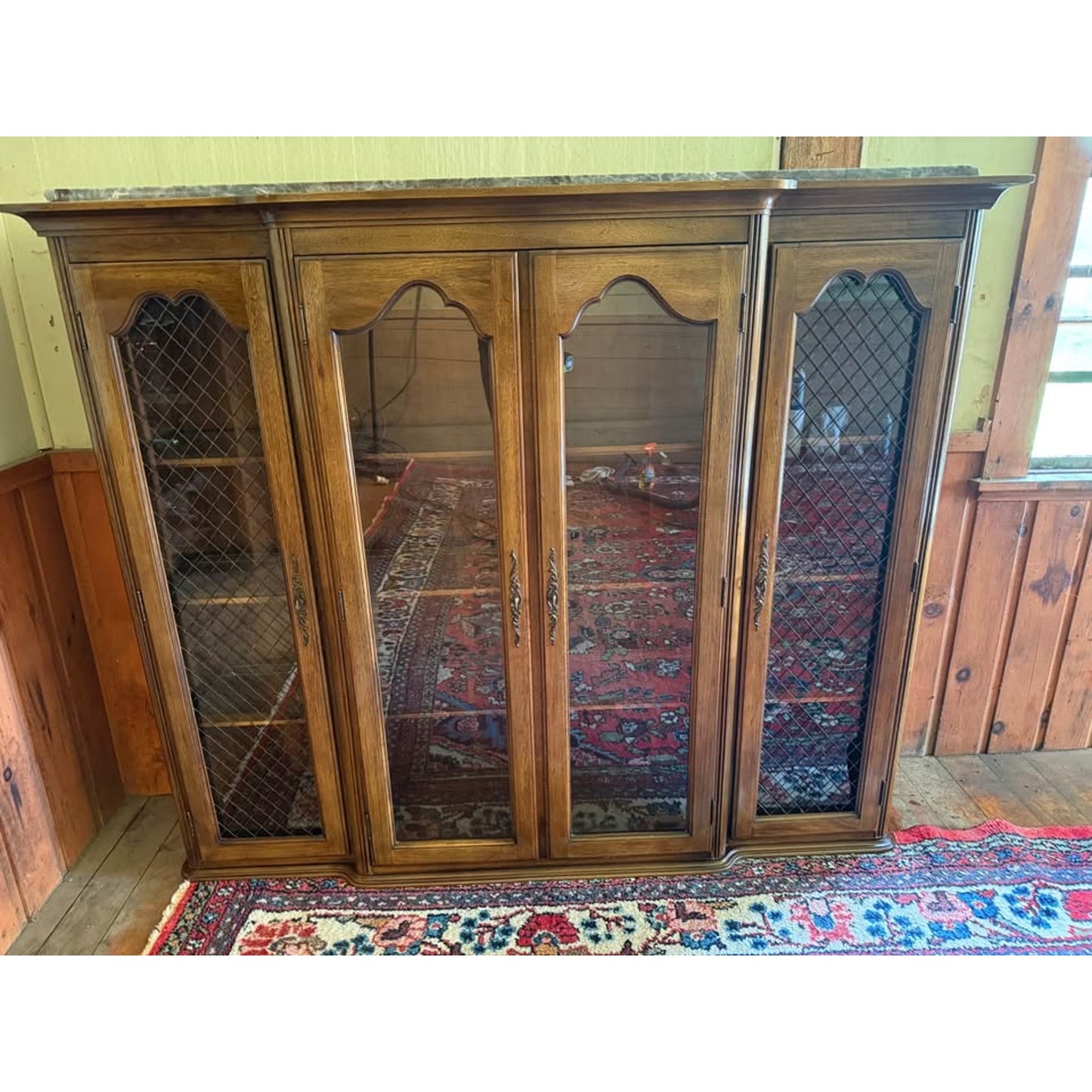 Antique wooden hutch/china cabinet/liquor cabinet with glass doors & shelves, iron detail