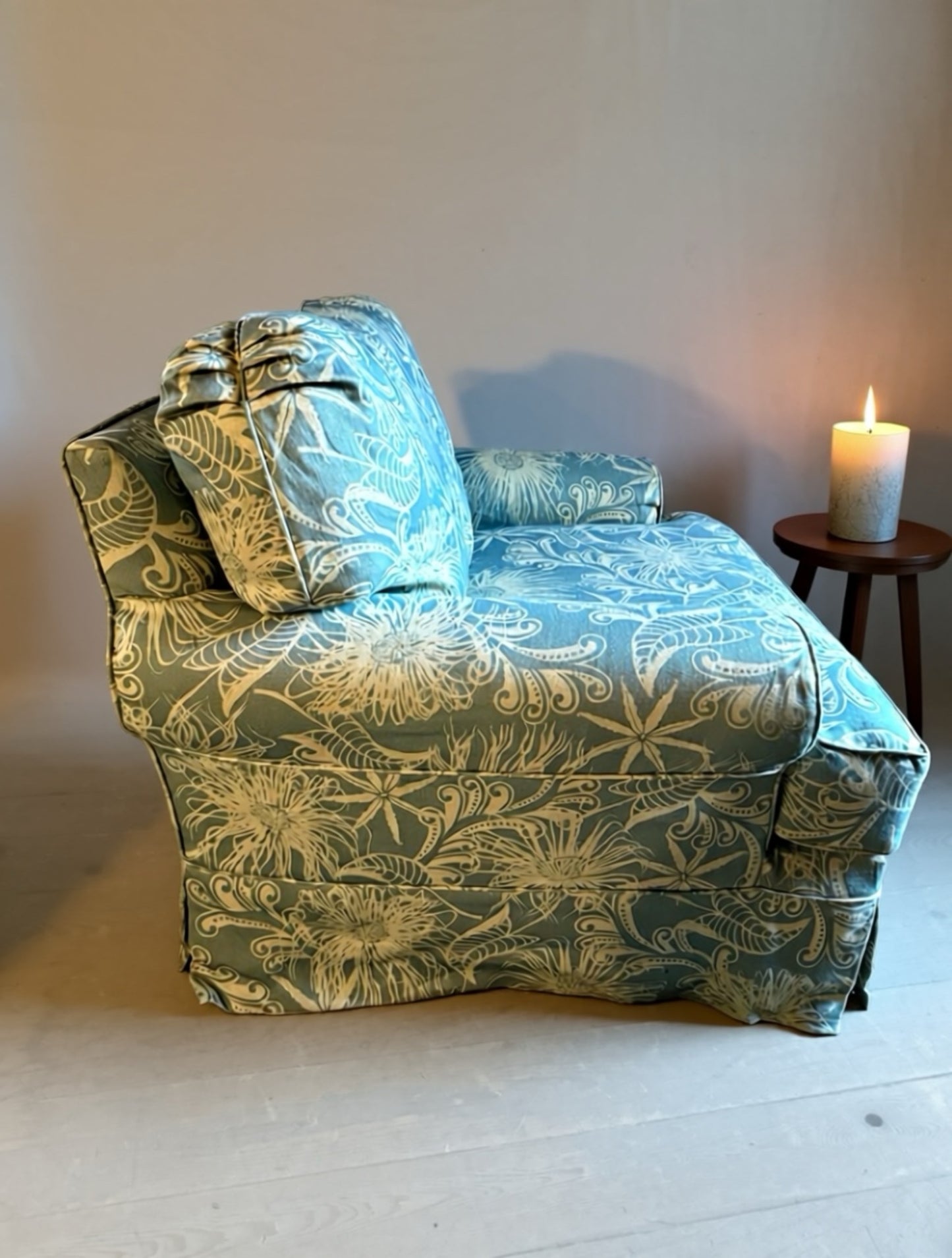 Oversized light blue and white beachy/floral arm chair