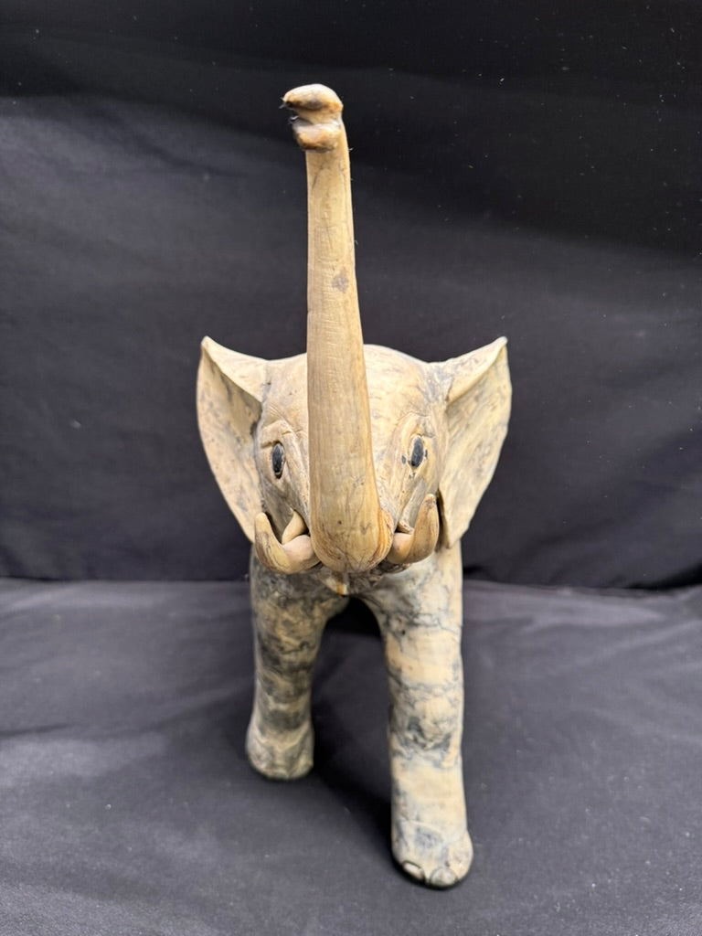 Large Vintage Carved Elephant made from Crushed Oyster Shells with trunk up 15” tall