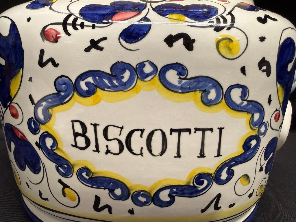 Vintage Deruta Italy Hand Painted Large Oval Cookie Jar/Canister withBiscotti Rooster