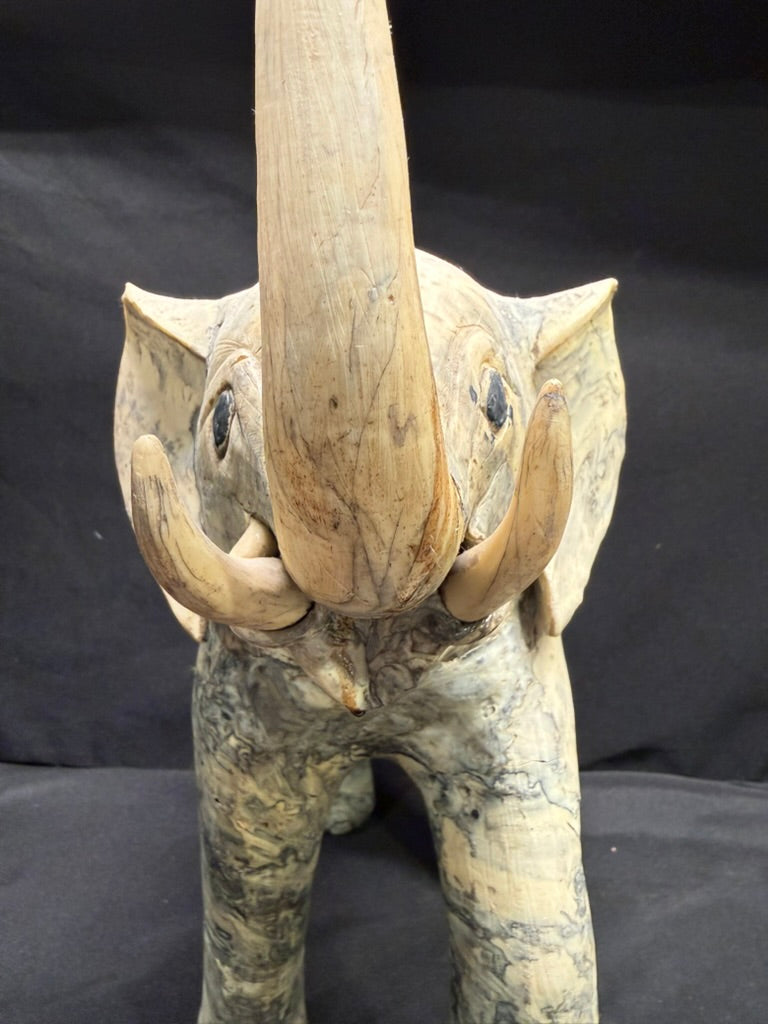 Large Vintage Carved Elephant made from Crushed Oyster Shells with trunk up 15” tall