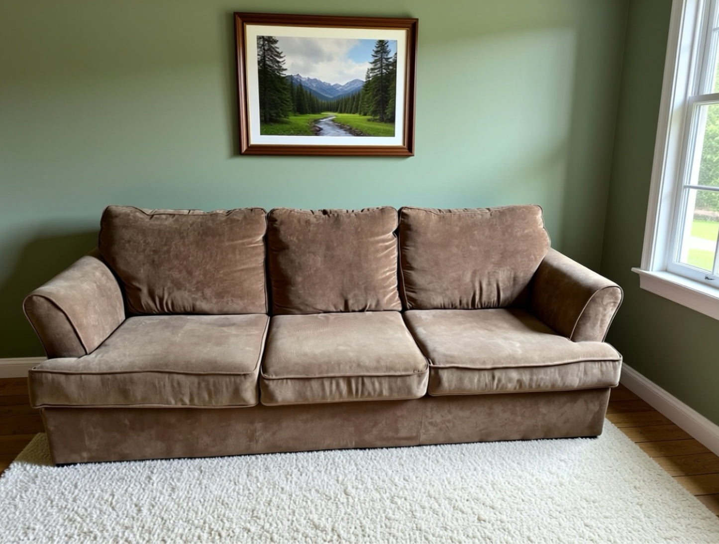 Light brown soft corduroy 7 ft long three cushion couch