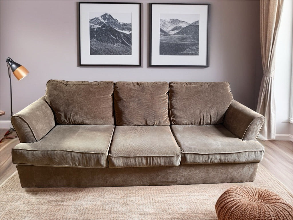 Light brown soft corduroy 7 ft long three cushion couch
