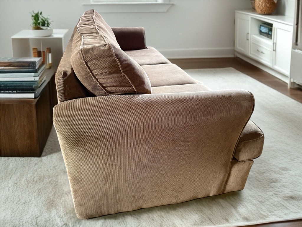 Light brown soft corduroy 7 ft long three cushion couch