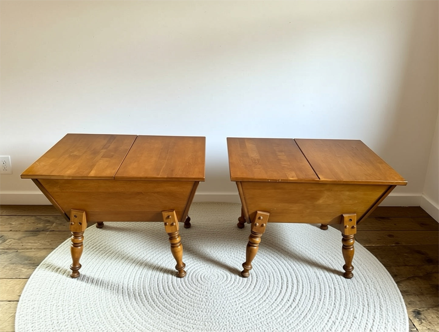 Pair of vintage solid maple dough box end tables with double flip top opening tops