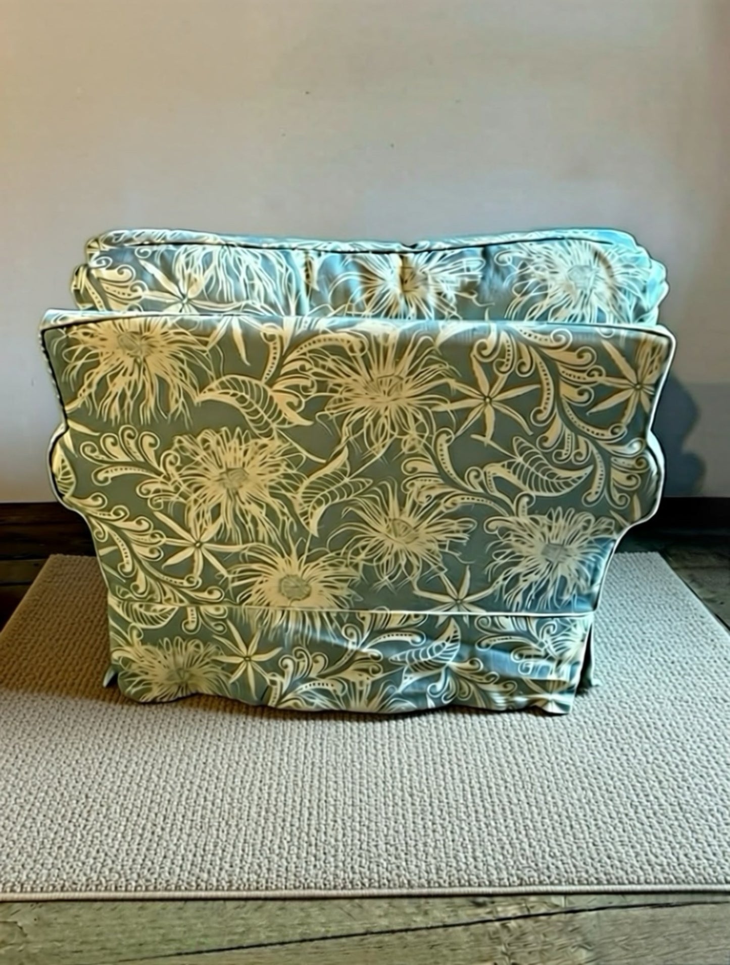 Oversized light blue and white beachy/floral arm chair
