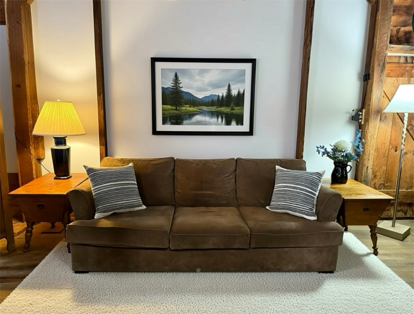 Light brown soft corduroy 7 ft long three cushion couch