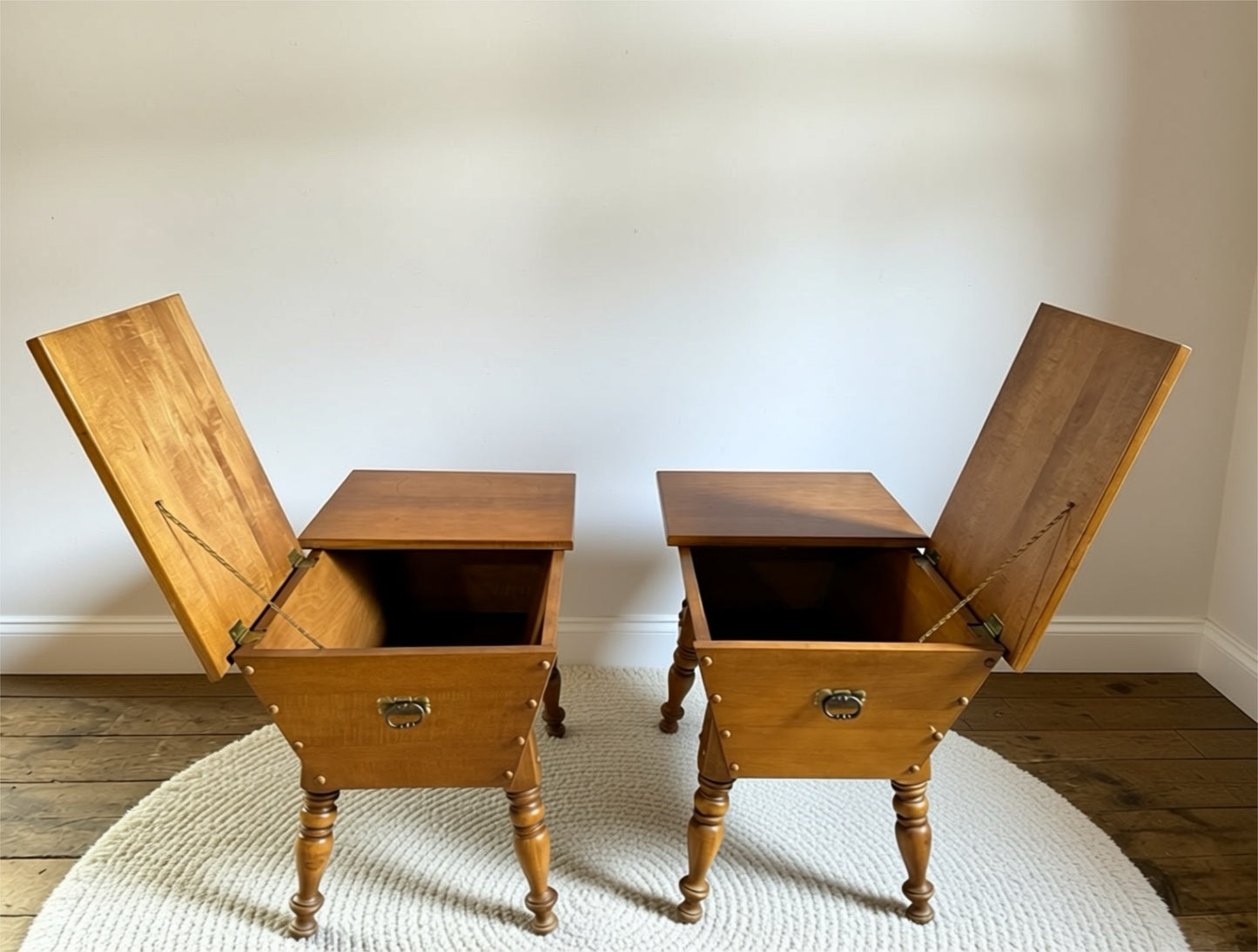 Pair of vintage solid maple dough box end tables with double flip top opening tops