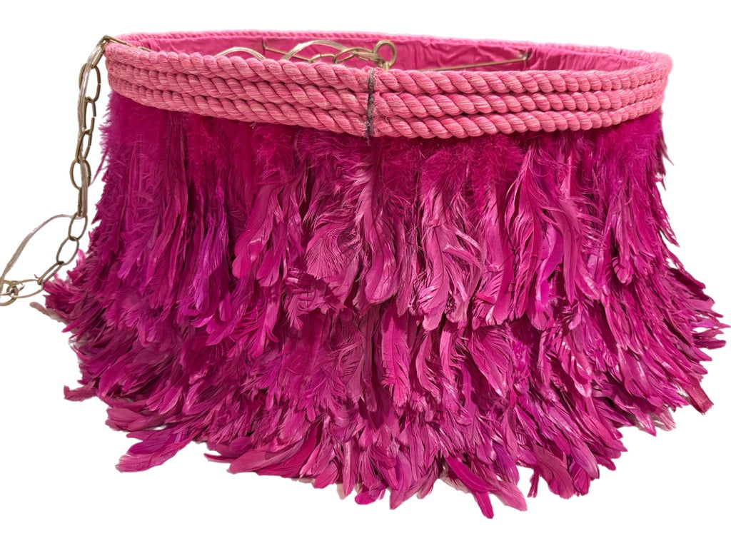 Jamie Dietrich Pink Fuscia Feather Pendant Drum 5 Light Chandelier 24” X 12” pre-owned
