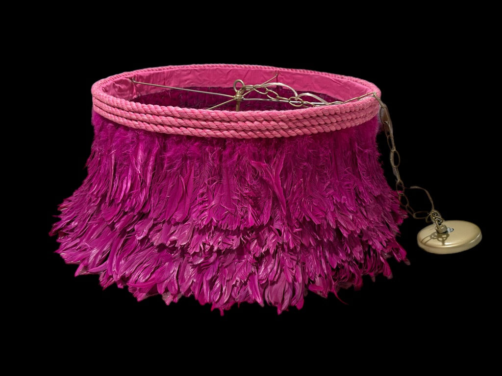 Jamie Dietrich Pink Fuscia Feather Pendant Drum 5 Light Chandelier 24” X 12” pre-owned