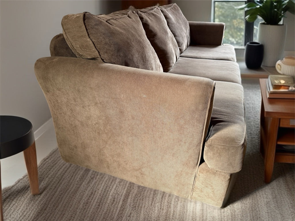 Light brown soft corduroy 7 ft long three cushion couch