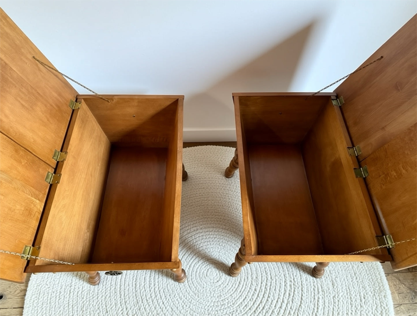 Pair of vintage solid maple dough box end tables with double flip top opening tops