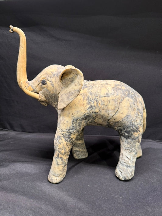 Large Vintage Carved Elephant made from Crushed Oyster Shells with trunk up 15” tall