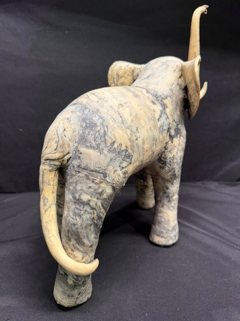 Large Vintage Carved Elephant made from Crushed Oyster Shells with trunk up 15” tall