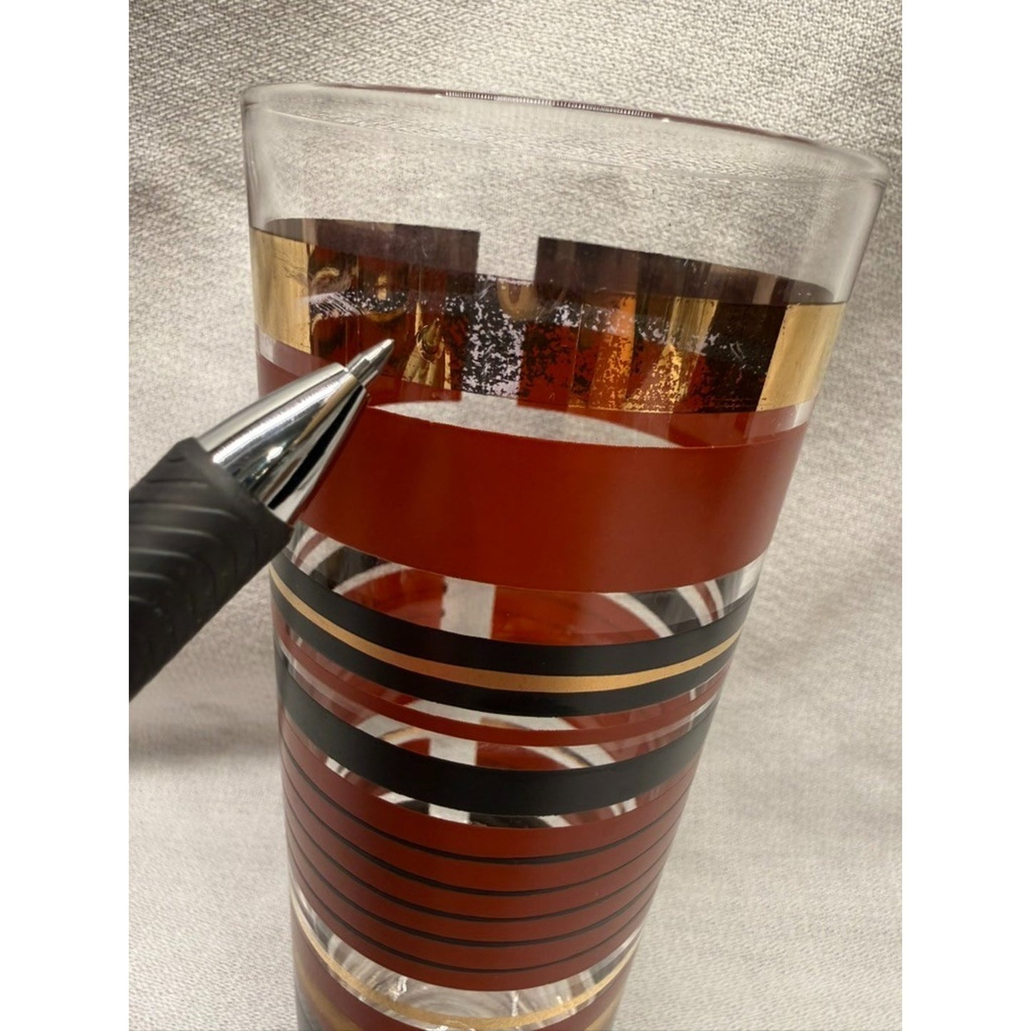 (7) Rare mid century modern high ball striped glasses red gold black 7" tumbler