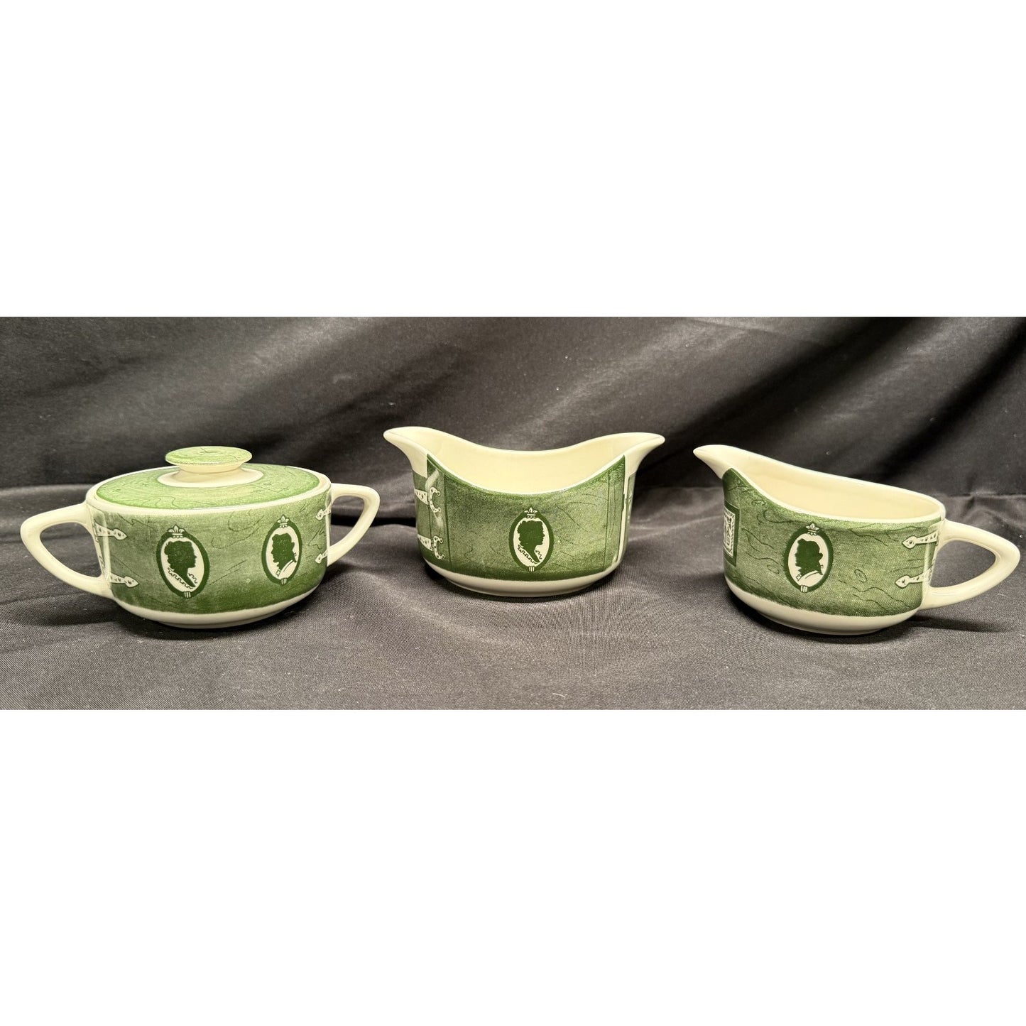 Vintage Royal China "Colonial Homestead" Green white creamer sugar gravy boat