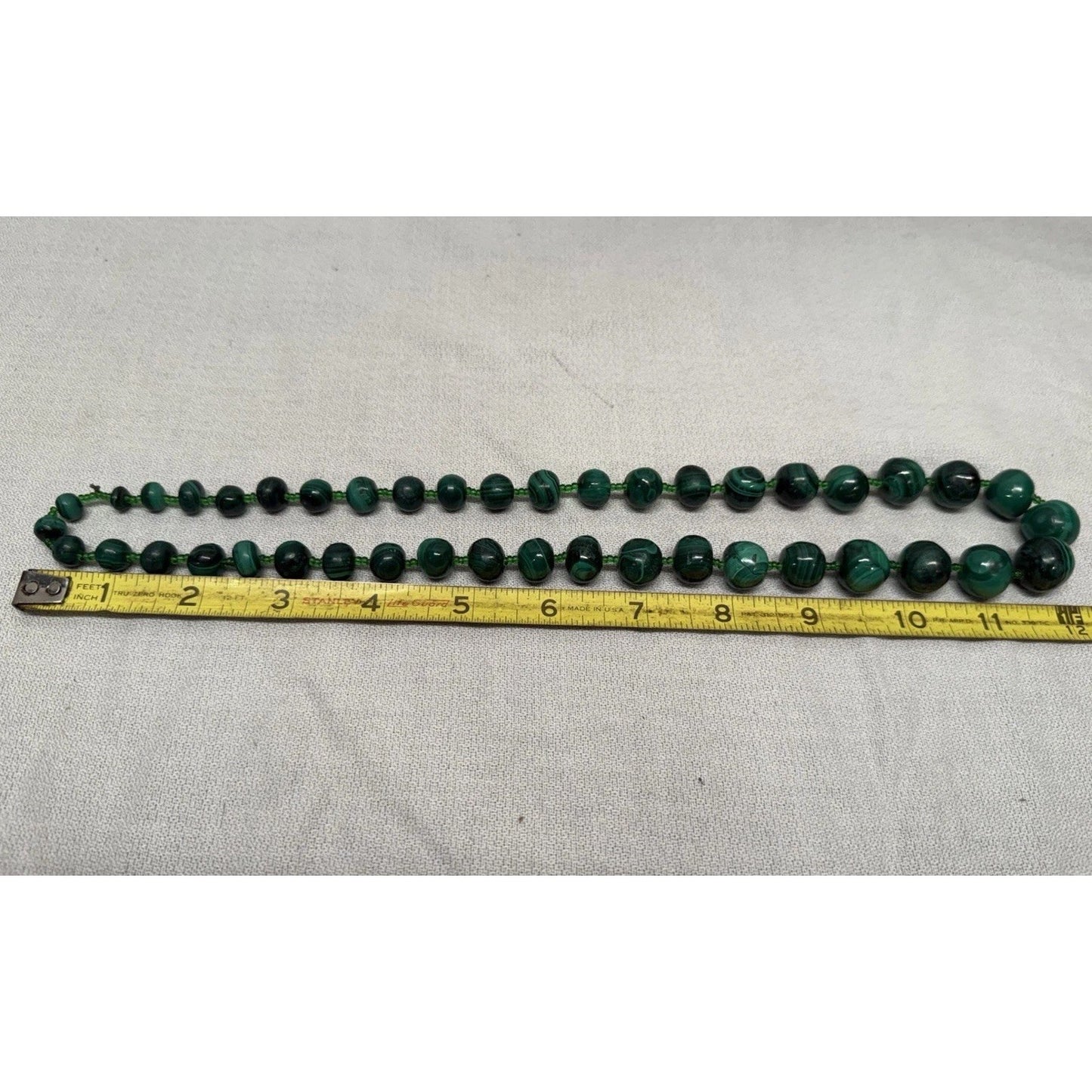 Vintage Chinese Malachite natural carved green gemstone beaded necklace 12”