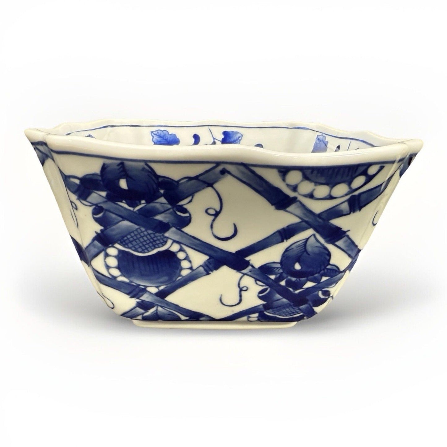 Rare vintage Chinese bamboo floral blue white Porcelain square serving bowl 8.5”