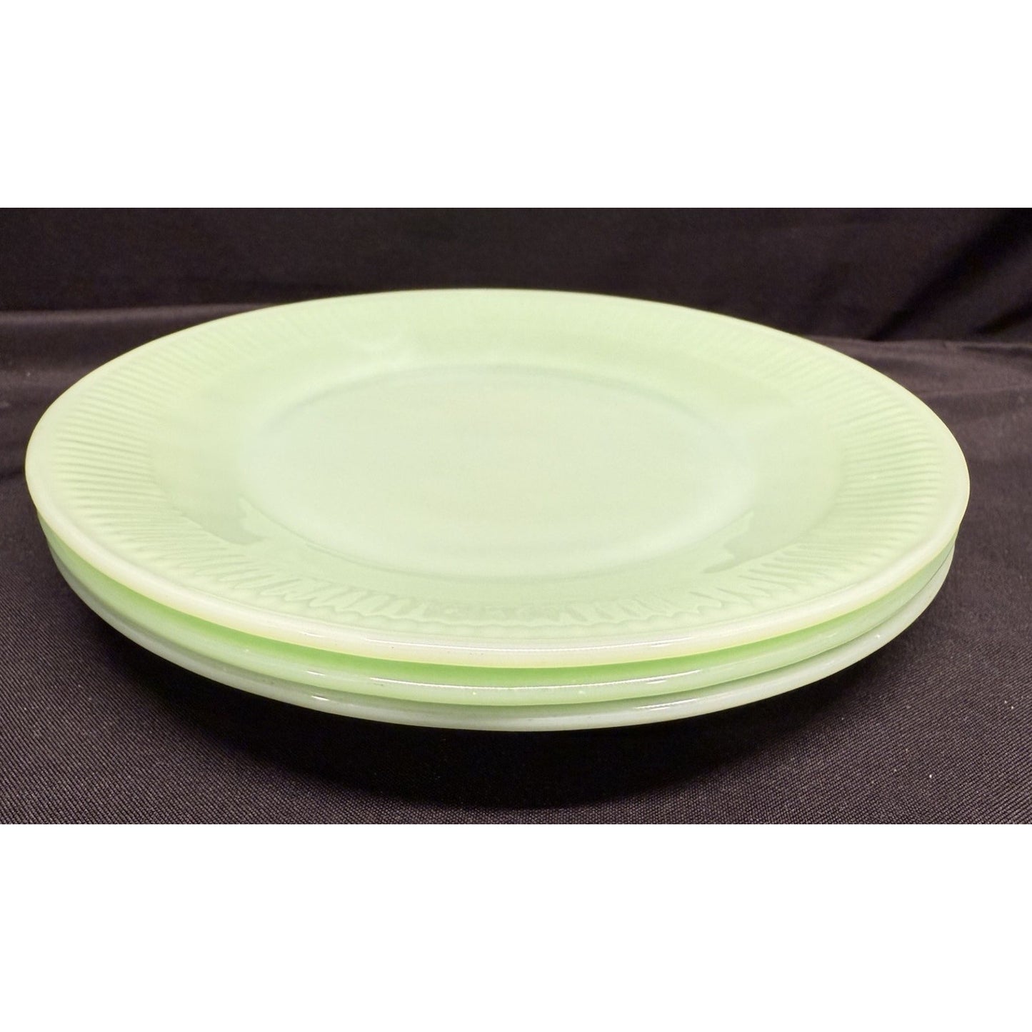 Set of 3 Fire-King Jane Ray lined rim Jadeite Dinner Plates vintage 9 inch green